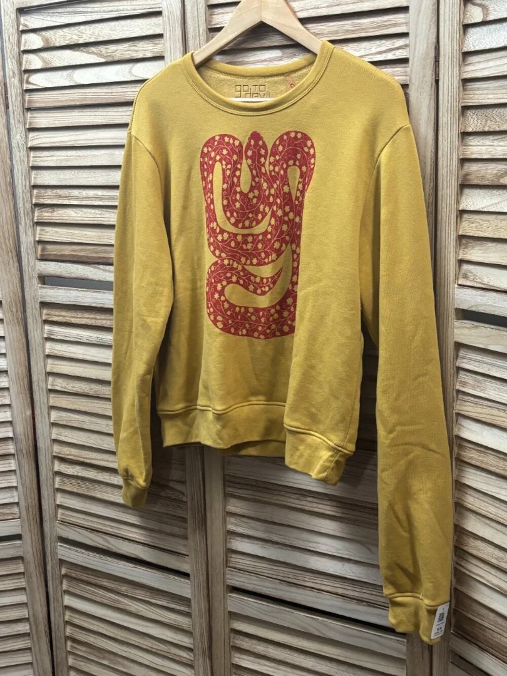NWT Go To The Devil "Snake" Sweatshirt Mustard Yellow, Asymmetrical Sleeve, XL - Picture 2 of 7